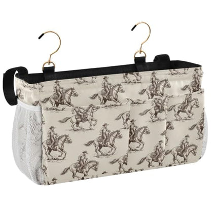 Western Cowboy Pattern Bedside Caddy Organizer with 6 Pockets & Hooks for Bunk Beds