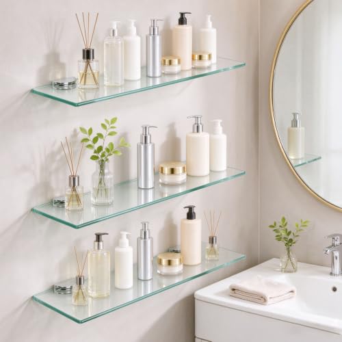 16-Inch Glass Floating Shelves for Bathroom, Kitchen & Living Room - 3 Pack, Tempered Glass with Zinc Alloy Brackets