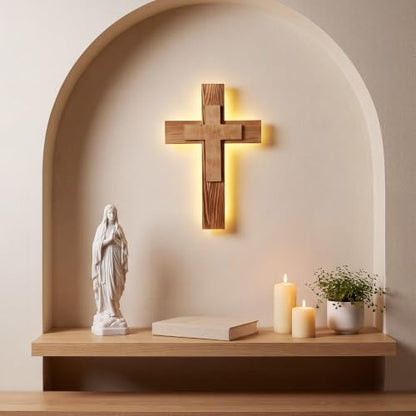 Mifoci Lighted Wooden Wall Cross Double Layer Christian Decoration