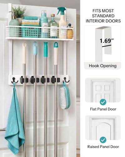 Over the Door Broom Organizer with Basket - No-Drill Wall Mount Storage