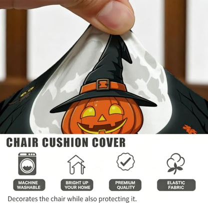 Halloween Pumpkin Chair Seat Covers - Fanciful Witch Moon Design, 4 Pcs, Orange Spandex