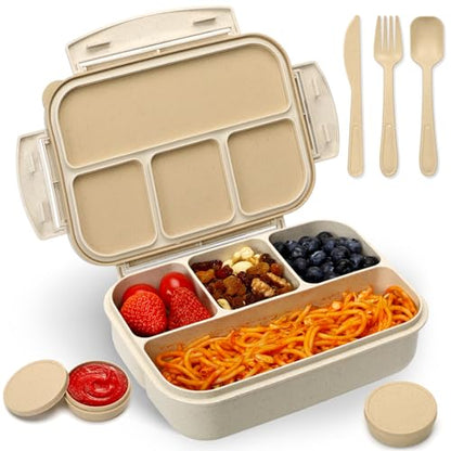 danliar Bento Lunch Box for Kids, Wheat Straw 5.5 Cups Leakproof Adult Bento Box with 2 Sauce Jars, 4 Compartments Lunchable Snack containers, Utensils, Microwave & Dishwasher Safe (Wheat Straw Beige)