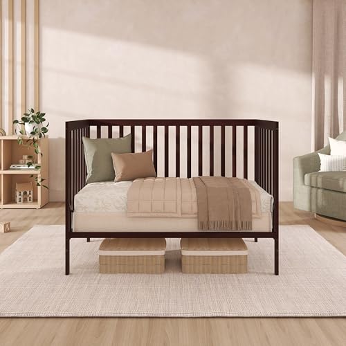 Dream On Me Synergy 5-in-1 Convertible Full-Size Baby Crib with Toddler, Day & Full Bed Conversion in Espresso, GreenGuard Gold & BSA, 3 Mattress Heights, Sustainable Pinewood