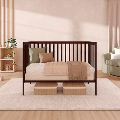 Dream On Me Synergy 5-in-1 Convertible Full-Size Baby Crib with Toddler, Day & Full Bed Conversion in Espresso, GreenGuard Gold & BSA, 3 Mattress Heights, Sustainable Pinewood