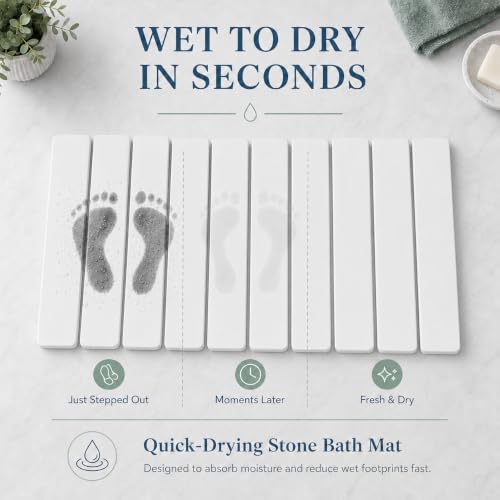 White Foldable Stone Bath Mat 23.6x15.5 Inch Quick-Dry Anti-Slip Shower Rug