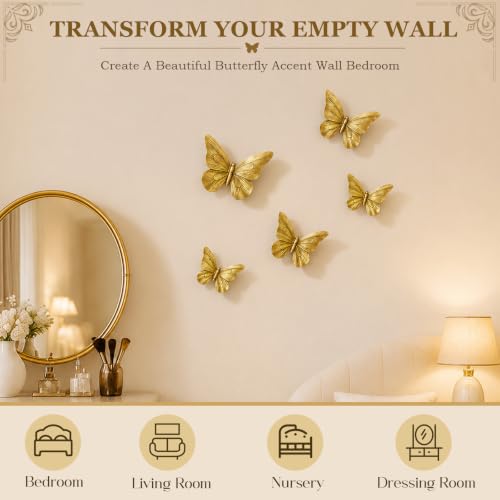 Kathfly 5 Pcs Gold Resin Butterfly Wall Decor Set with Variations