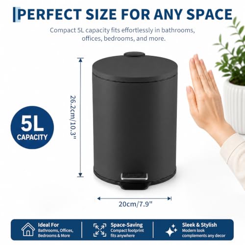 Round Trash Can with Soft-Close Lid 5L/1.3 Gal Bathroom Wastebasket