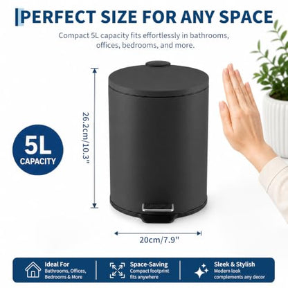 Round Trash Can with Soft-Close Lid 5L/1.3 Gal Bathroom Wastebasket