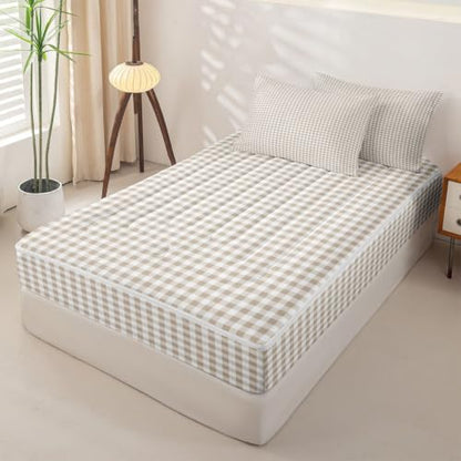 Khaki White Checkered Zipper Bedding Set Full Size - Kids Bed Comforter & Sheet