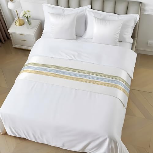King Size Bed Runner with Botanical Leaves - Green Blue Yellow Decorative Scarf, 94 x 20 Inches, White/Sage/Ochre/Blue Variation