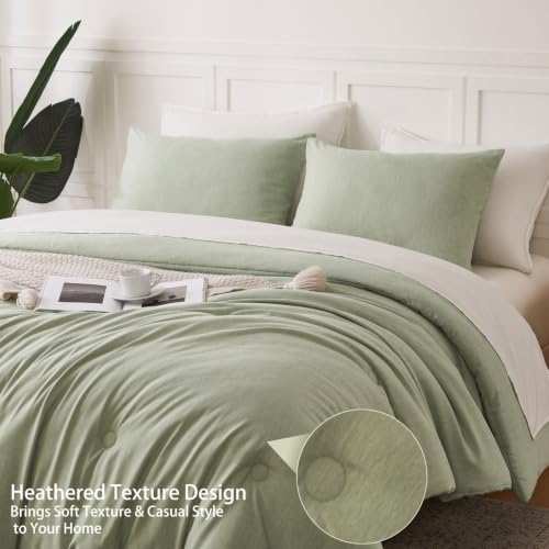 Sage Green Heathered Comforter Set Queen 3 Piece Bedding Set - Soft & Modern