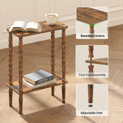 Brown Narrow 2-Tier Side Table with Solid Wood Legs - Small End Table