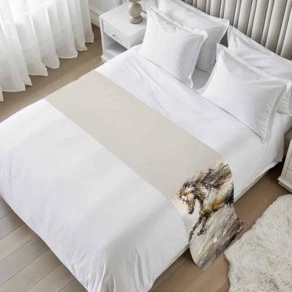 Queen Size Galloping Horse Bed Runner - Rustic Brown Satin Decorative Foot Throw with Variation Charcoal