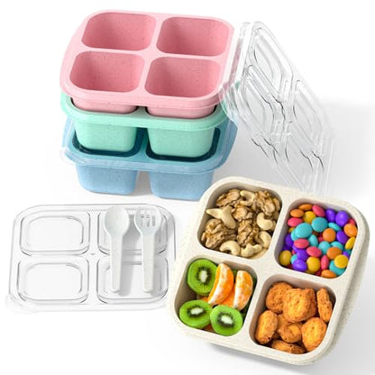 CSQLJ Snack Containers(4 Pack), 4-Compartment Meal Prep Containers Reusable, Snack box Container for Kids and Adults, Food Storage Containers for School, Work, Travel (Green/Blue/Pk/Beige)