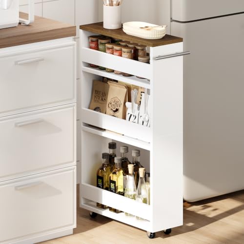 Yoobure White 4-Tier Slim Rolling Storage Cart on Wheels, Adjustable Shelves