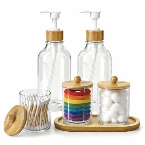 Bamboo Bathroom Organizer Set with Dispensers and Jars - Vanity Countertop Storage