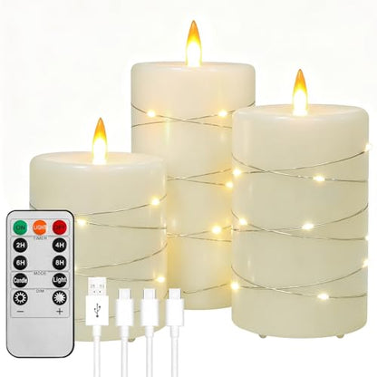 Rechargeable LED Flameless Candles with Remote Timer - White, 3 Pack