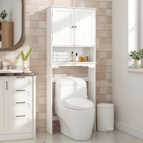 Over Toilet Storage Cabinet with Double Doors - Matte White Bathroom Shelves