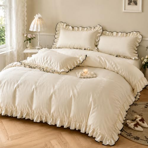 King Size Ruffle Cotton Duvet Cover Set with Pillow Shams & Fitted Sheet - Farmhouse Ivory White Bedding