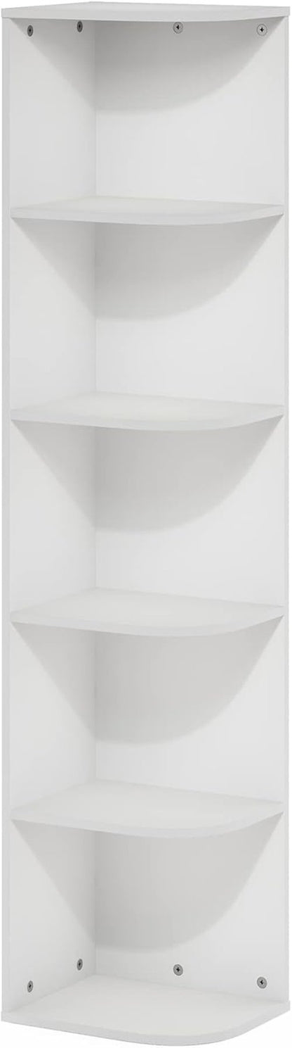 Furinno PASIR 5-Tier Corner Bookshelf - Stylish Open Shelf Bookcase for Living Room, Bedroom, Home Office | White, 9.3 x 12 x 51.7