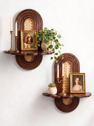 Boho Wall Shelves 2 Pack - Bamboo with Handwoven Rattan for Plants & Decor
