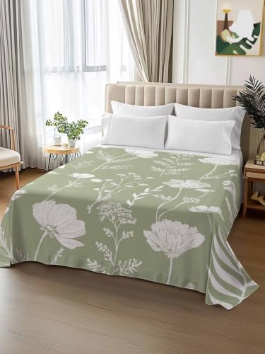 King Flat Sheet - Sage Green Hotel Quality Microfiber Bedding - Abstract Flowers, Breathable & Soft