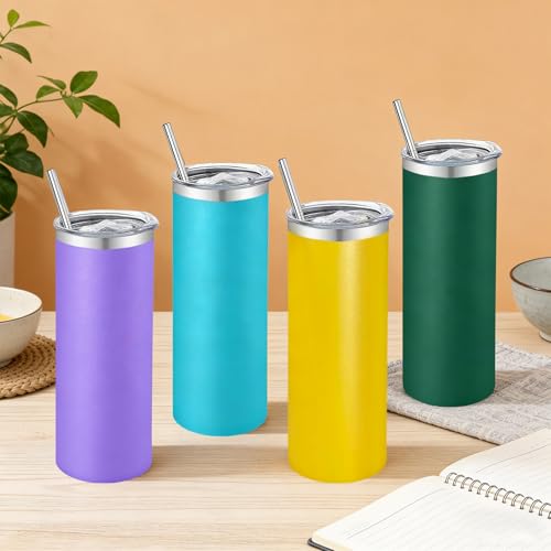 Large 20oz Stainless Steel Skinny Tumblers Set - Multicolor Bulk Pack with Lids & Straws