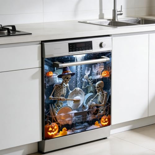 Halloween Skeleton Dishwasher Cover Sticker - Skeleton Team Spooky Ghost Waterproof Vinyl Decal