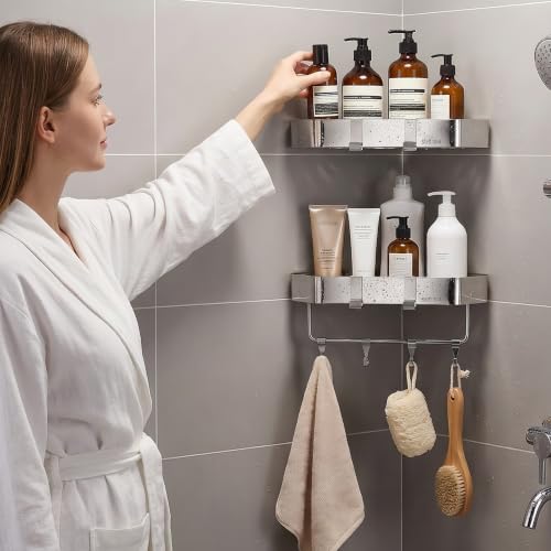2 Pack Corner Shower Caddy Stainless Steel Adhesive or Drill Mount Bathroom Organizer