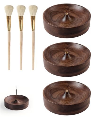 3-Piece Wooden Incense Holder Set with Ash Brushes for Sticks - Black Walnut