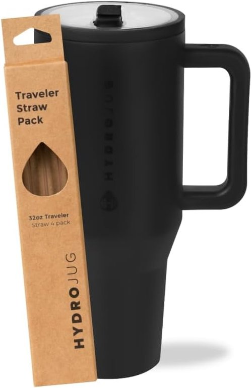 HydroJug 32oz Black Traveler Water Bottle - Includes Replacement Straws for Convenience