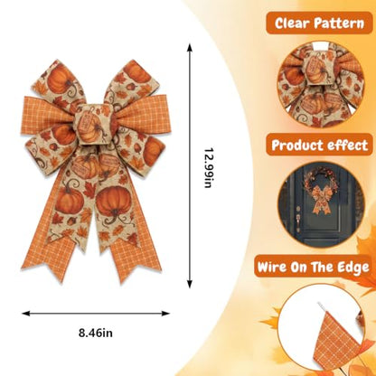 Fall Wreath Bow Set - Style C Pumpkin & Plaid Autumn Decor, 2 Pack