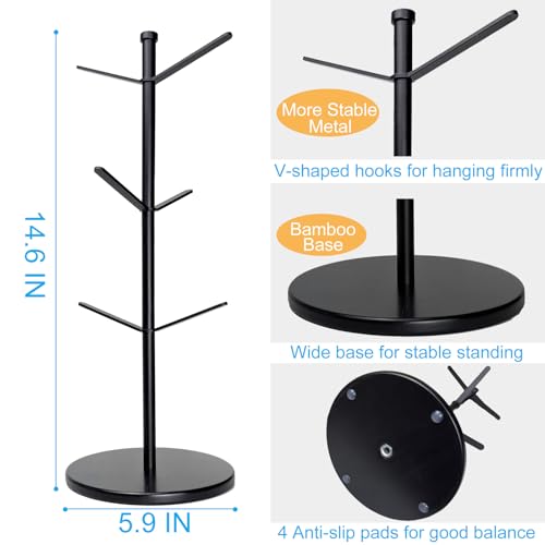 Premium Mug Tree with 6 Hooks - Stable Metal Cup Rack with Bamboo Base, Black
