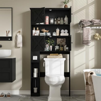 Over Toilet Storage Cabinet with Doors & Paper Holder, Black - Space Saving Bathroom Organizer
