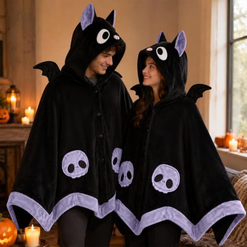 Wearable Bat Blanket Hoodie with Wings for Halloween Cosplay & Lounging