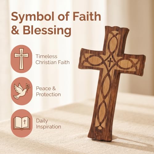 10-Inch Wooden Cross Wall Decor - Handcrafted Religious Jesus Carved Pattern - Ichthys Style