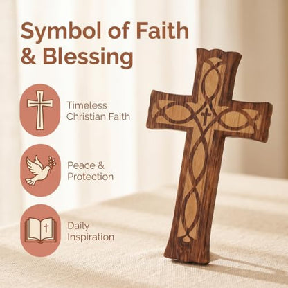 10-Inch Wooden Cross Wall Decor - Handcrafted Religious Jesus Carved Pattern - Ichthys Style