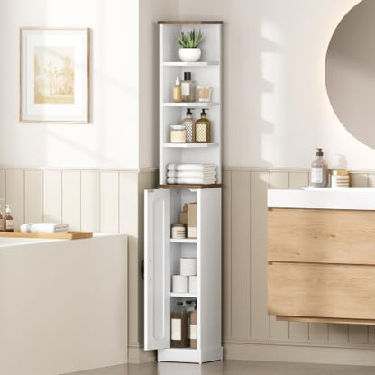 HOOBRO Small Corner Bathroom Cabinet with Reversible Door – White Walnut Finish, 8.3 x 8.3 x 65.8 inches