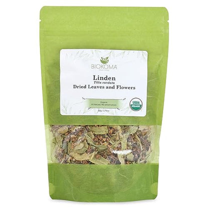 Biokoma Pure and Organic Linden Dried Leaves and Flowers 50g (1.76oz) in Resealable Pack Moisture Proof Pouch, USDA Certified Organic - Herbal Tea, No Additives, No Preservatives, No GMO, Kosher