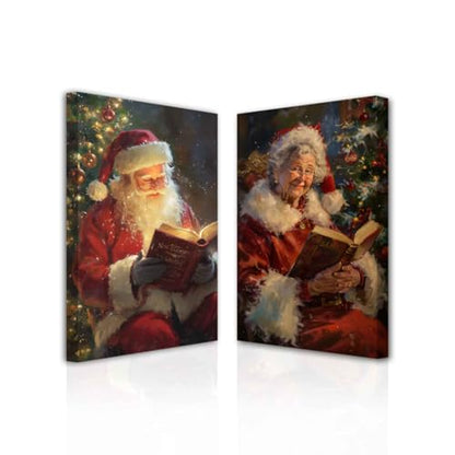 Christmas Wall Art Santa and Mrs Claus Canvas Prints 16x24 Inches - Framed Holiday Decor Set of 2