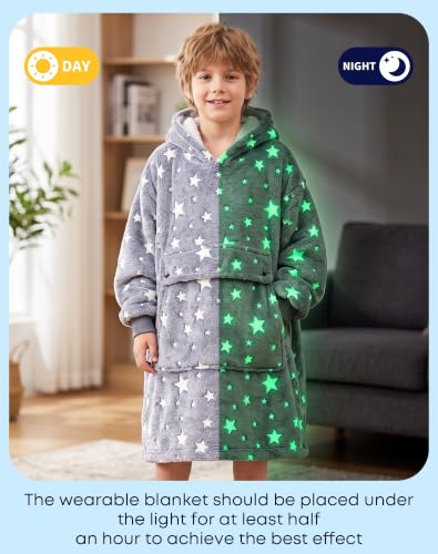Glow in the Dark Wearable Blanket Hoodie for Kids & Adults Oversized Sherpa Fleece