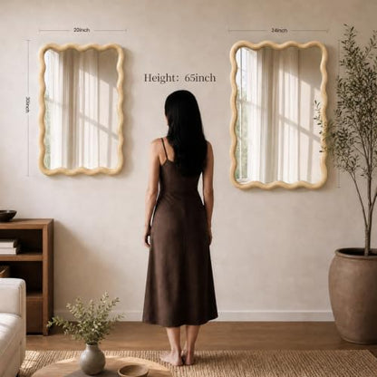 Wavy Solid Wood Mirror - Boho Rectangular Wall Mirror 20x30 Inches - Natural Finish