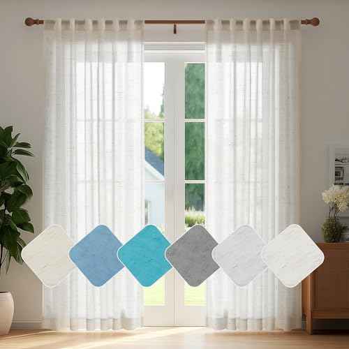 Deconovo Faux Linen Semi Sheer Curtains, 52x84 Inch Length, Set of 2 Back Tab Panels, Light Filtering Voile Window Treatment, Airy Privacy Farmhouse Drapes for Living Room Bedroom Office Cafe