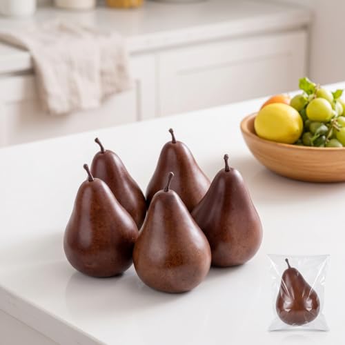 Artificial Pear Decor Set of 5 Long-Lasting Realistic Faux Fruit Brown