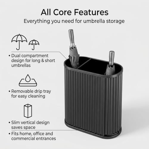 Black Modern Metal Umbrella Bucket Stand with Drain Tray - 14.6 x 7.1 x 20.5in