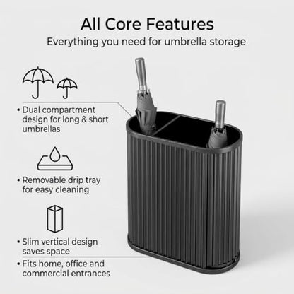 Black Modern Metal Umbrella Bucket Stand with Drain Tray - 14.6 x 7.1 x 20.5in