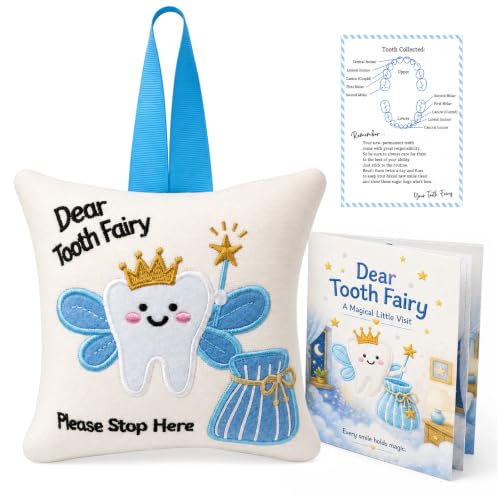 White Tooth Fairy Pillow with Book & Tracking Chart Set for Boys Girls