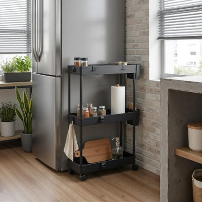 VECELO 3-Tier Slim Rolling Storage Cart with Dividers & Hooks - Black