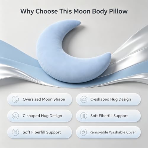 Crescent Moon Body Pillow - Blue, Supportive Full Body Sleep Cushion
