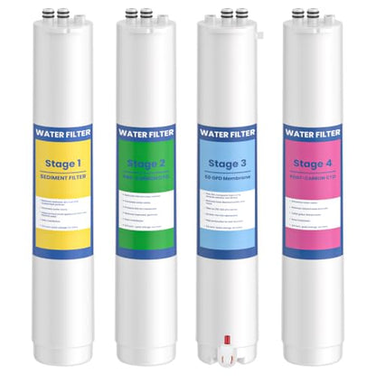 4 Pack Water Filter Cartridges for Reverse Osmosis Systems - Compatible with Pure Blue H2O PB‑TLRO4H50T